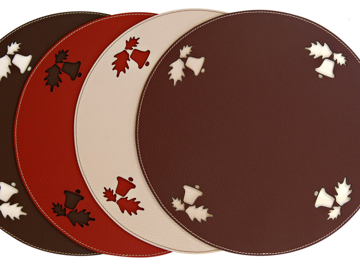 Jingle Bells round placemat, Christmas tablemat, Holiday decor, Brown Red Burgundy White table centrepiece, Christmas decor recycled leather