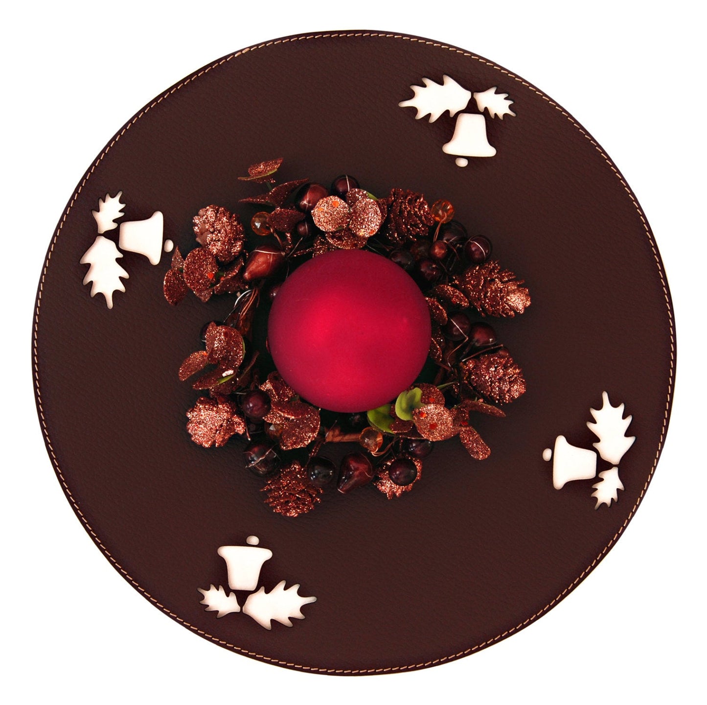 Jingle Bells round placemat, Christmas tablemat, Holiday decor, Brown Red Burgundy White table centrepiece, Christmas decor recycled leather