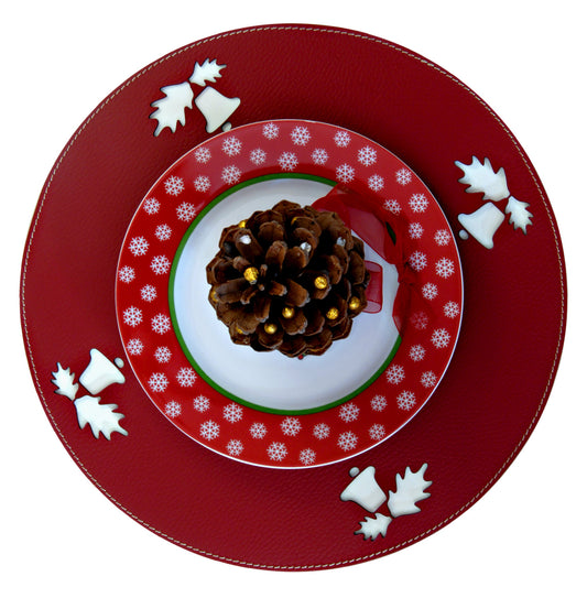 Jingle Bells round placemat, Christmas tablemat, Holiday decor, Brown Red Burgundy White table centrepiece, Christmas decor recycled leather