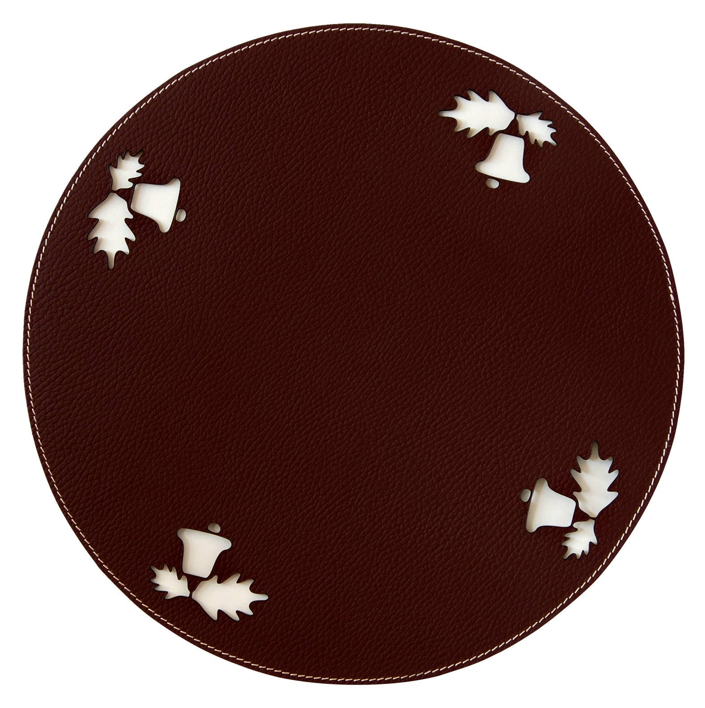 Jingle Bells round placemat, Christmas tablemat, Holiday decor, Brown Red Burgundy White table centrepiece, Christmas decor recycled leather